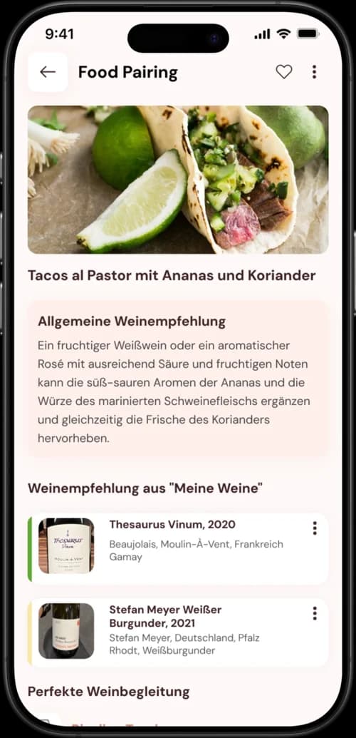 Food-Pairing-Empfehlung der Grape-Guru-App zu einem Gericht