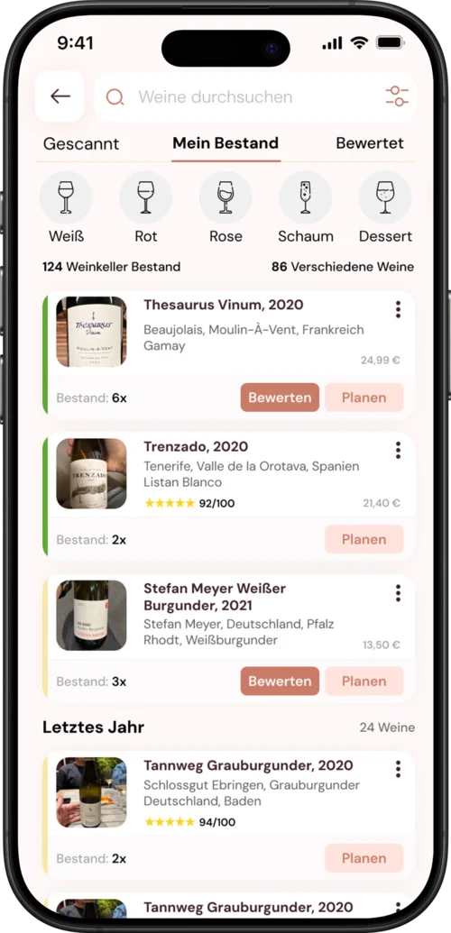 Weinkeller-Ansicht der Grape-Guru-App mit Trinkfenster-Anzeige