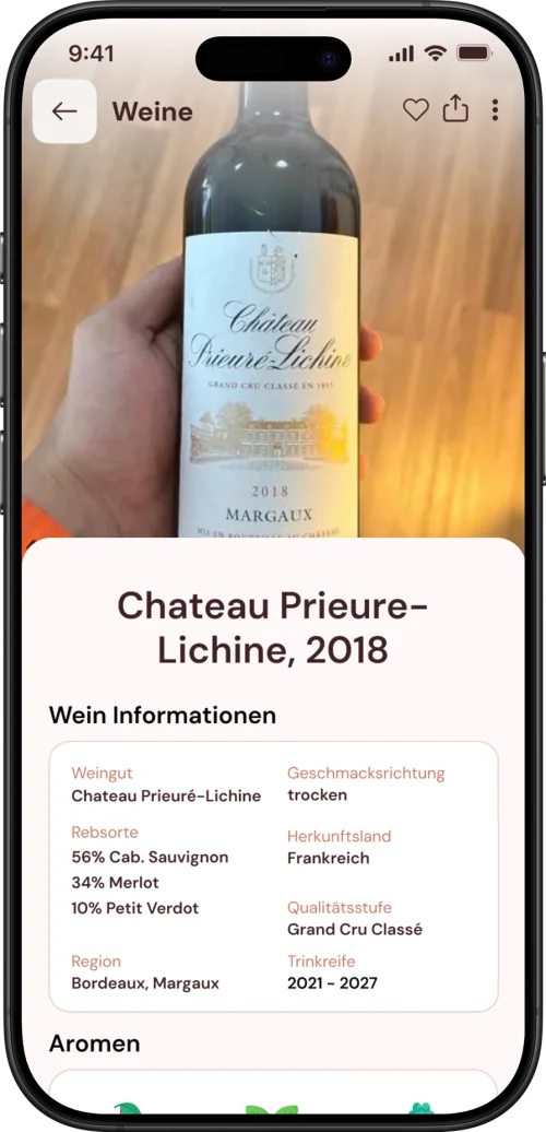 Grape-Guru-Weindetailseite mit Trinkfenster und allen Angaben zum Wein